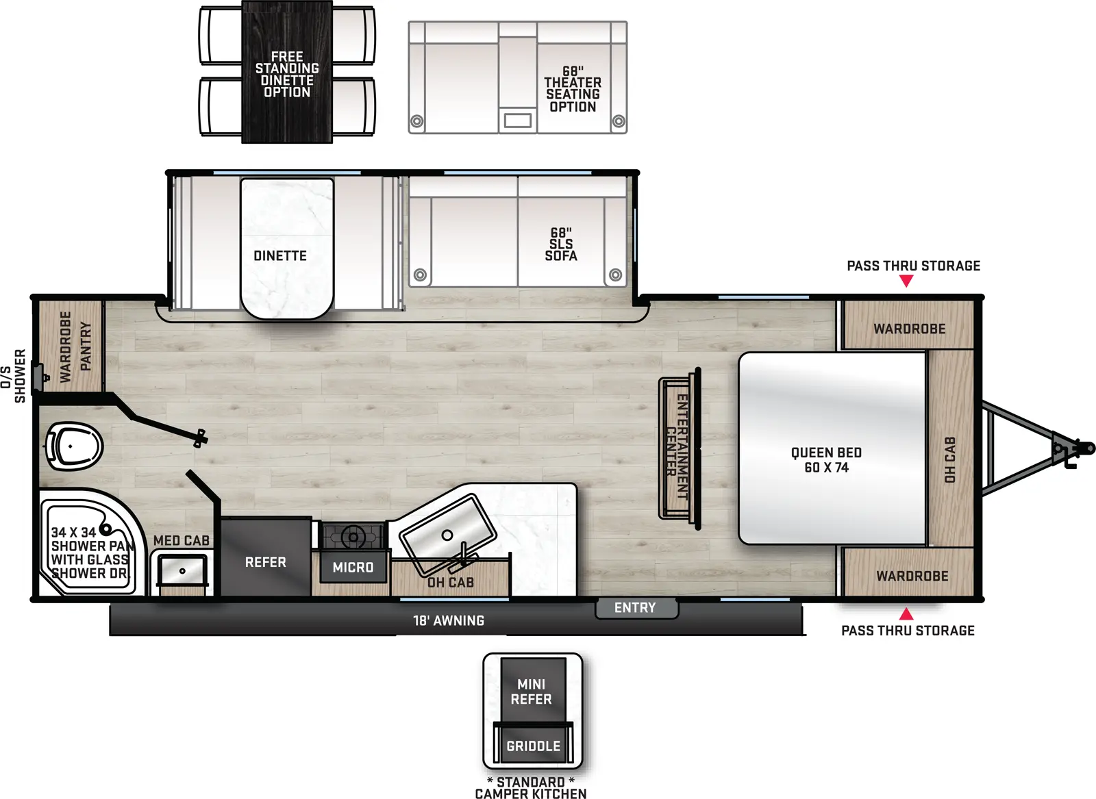 The 24RBS has one slide out on the off-door side and one entry door on the door side. Interior layout from front to back: front bedroom with foot facing queen bed, overhead cabinet, and wardrobes on either side of the bed; entertainment center with fireplace; kitchen living dining area with off-door side slide out containing sofa and dinette; door side kitchen containing breakfast bar, double basin sink, overhead cabinet, cook top stove, microwave cabinet, and refrigerator; rear door side bathroom; rear off-door side pantry.